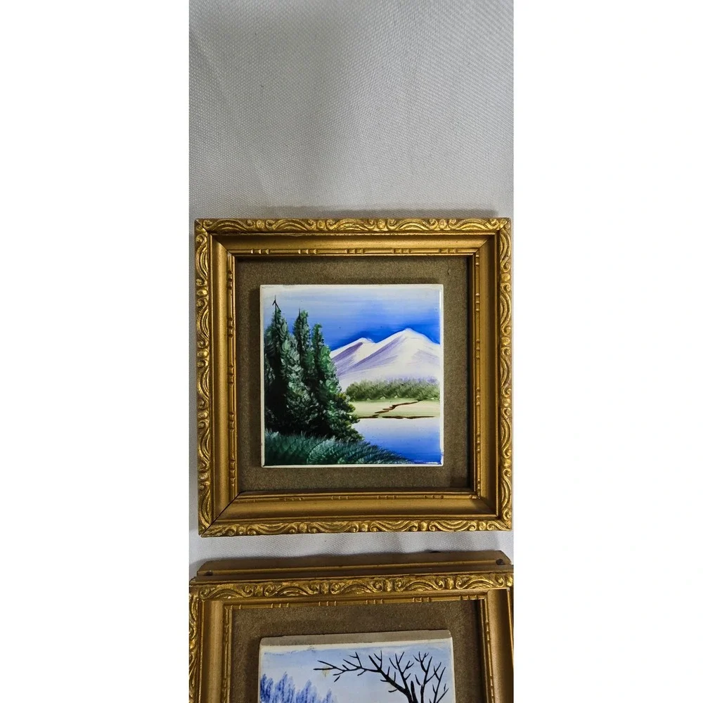 Vtg Ucago Japan hand painted framed tile picture MCM cottagecore 1950s Retro